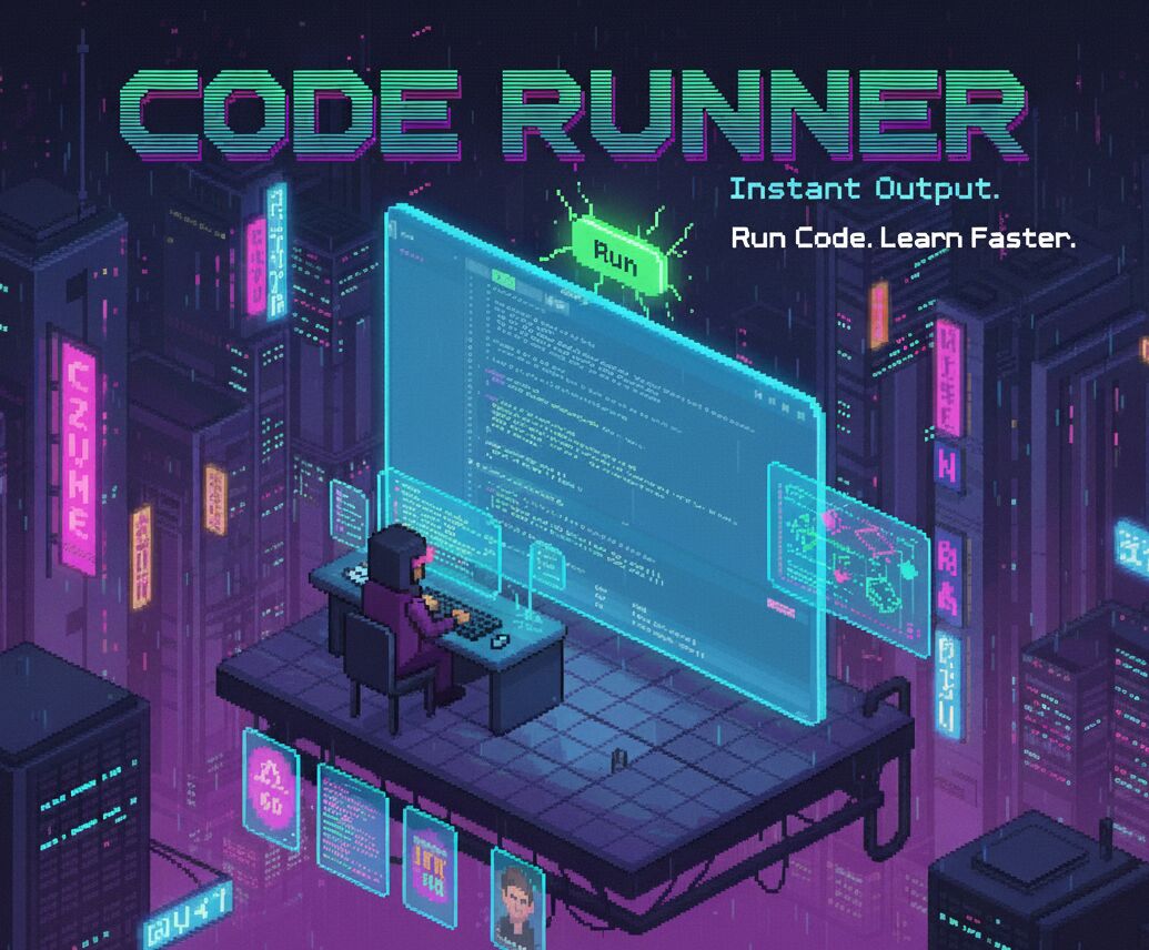 Code Runner promotional screenshot showing JavaScript code execution interface