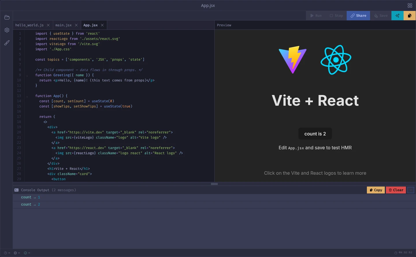 CodeRunner in the Tokyo Night theme with a React project open: App.jsx in the editor, the live Vite and React preview beside it, and console output below