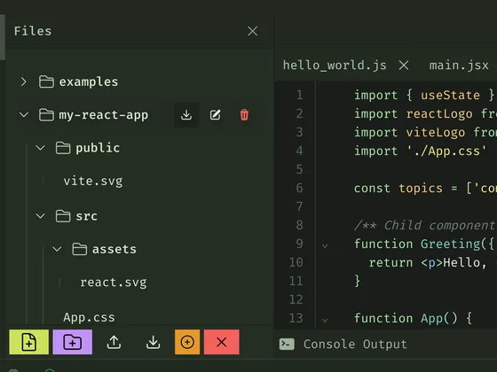 A project tree with folders, next to two files open in tabs, hello_world.js and main.jsx. The open file imports other files from the project.