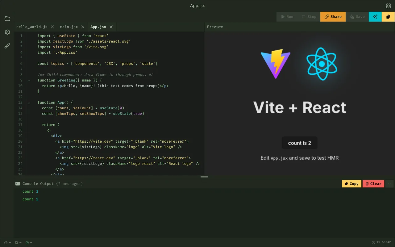 CodeRunner with a React project open: App.jsx in the editor, the live preview of the app beside it, and console output below.