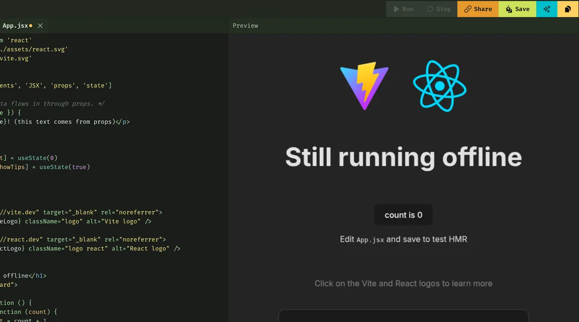 CodeRunner with the network turned off. The heading in App.jsx now reads Still running offline, and the preview beside it shows the new heading.