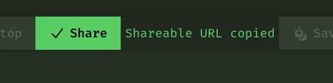 The CodeRunner toolbar just after pressing Share: the Share button is highlighted and the message beside it reads Shareable URL copied.