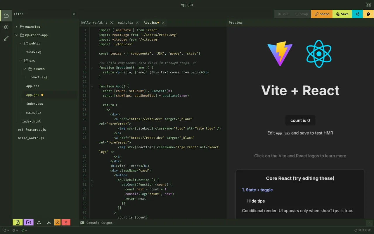CodeRunner with a React project open: the project tree, App.jsx in the editor, and the live preview of the app beside it.
